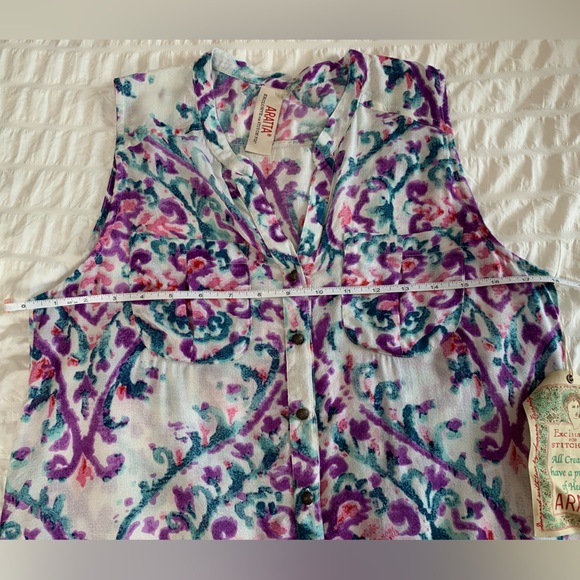 NWOT Aratta Cream Sleeveless Button DownTank with Purple & Teal Print - Picture 9 of 16
